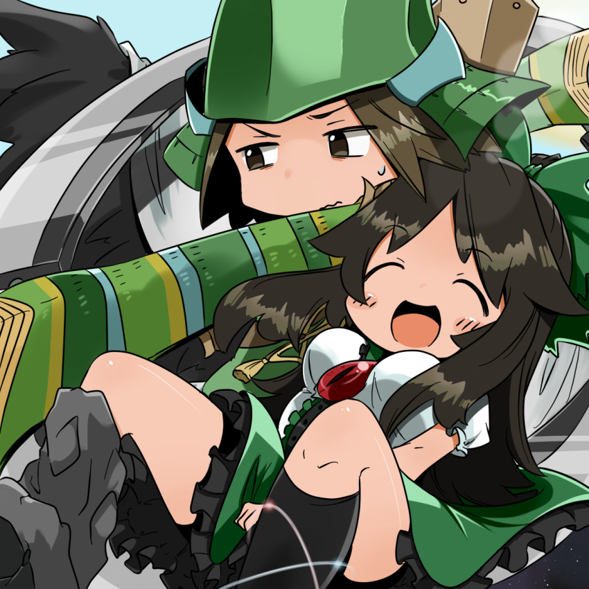 1boy 1girl :d ^_^ armor blush brown_eyes brown_hair chakram closed_eyes crossover frilled_skirt frills furrowed_brow green_shirt helmet highres holding holding_weapon japanese_armor kabuto_(helmet) long_hair looking_to_the_side m.u.g.e.n mouri_motonari_(sengoku_basara) open_mouth purutonppp reiuji_utsuho sengoku_basara shirt short_hair skirt smile sweatdrop third_eye third_eye_on_chest touhou wavy_mouth weapon white_shirt