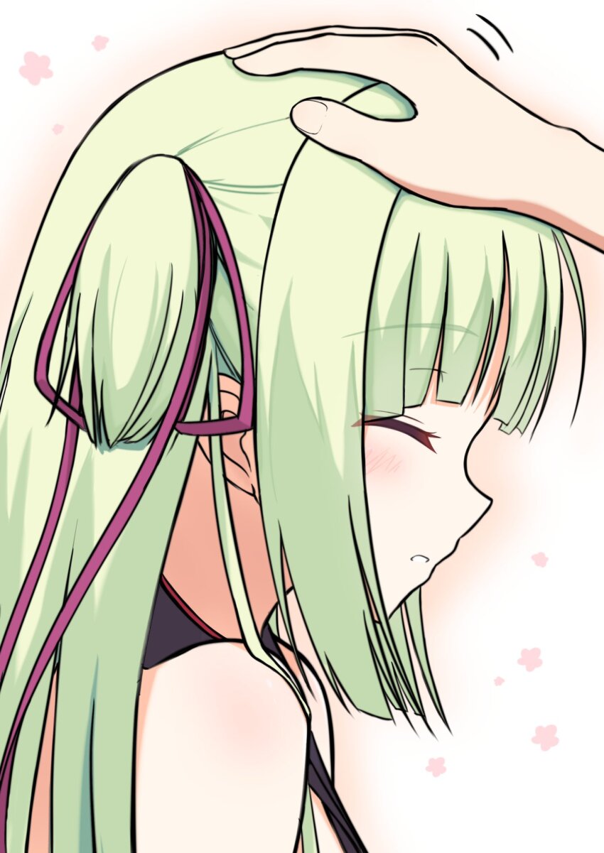 1230_mochi 1girl 1other bare_shoulders blunt_bangs blunt_ends blush close-up closed_eyes commentary from_side green_hair hair_ribbon happy headpat highres hime_cut long_hair long_ribbon motion_lines murasame_(senren) one_side_up parted_lips profile purple_ribbon ribbon senren_banka sidelocks simple_background solo_focus straight_hair white_background