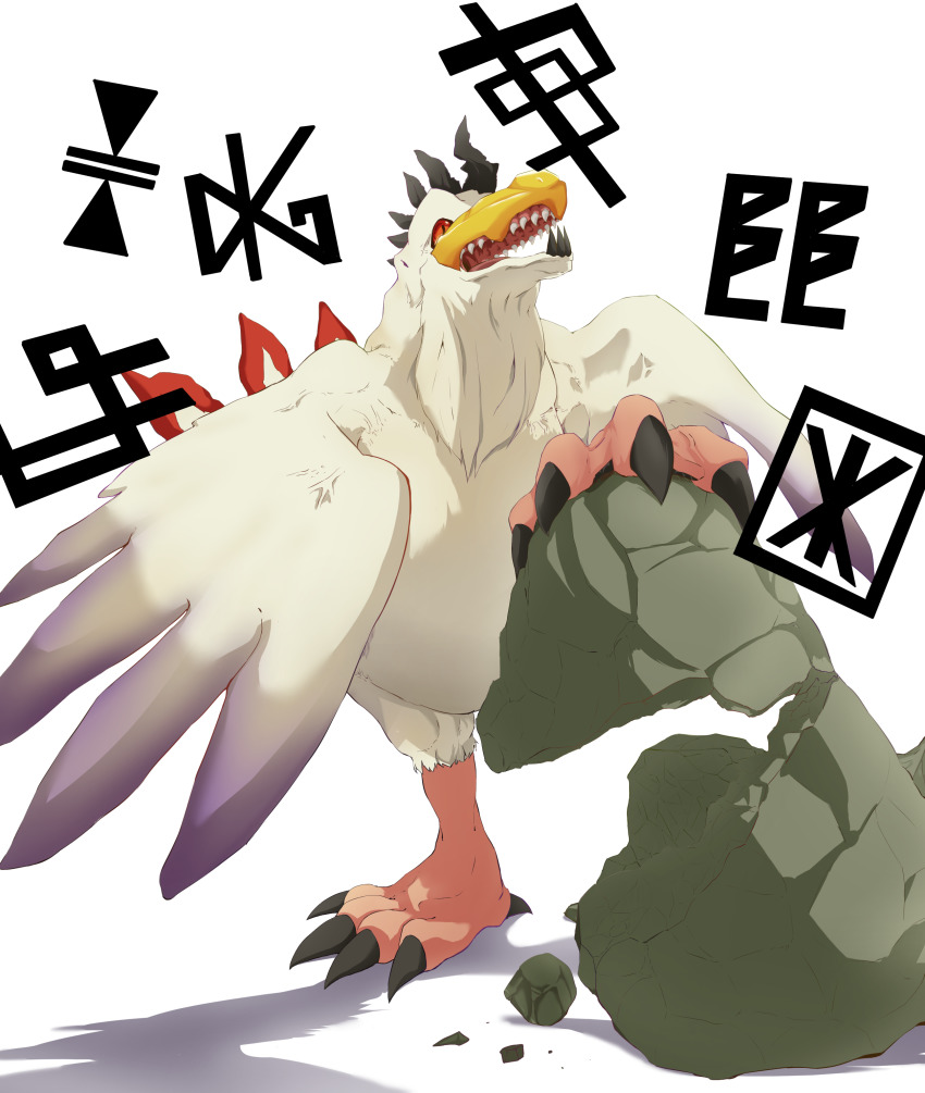 absurdres artist_request bird cockatrimon digimon digimon_(creature) highres looking_away open_mouth red_eyes sharp_teeth simple_background standing stone teeth tongue tongue_out veins wings