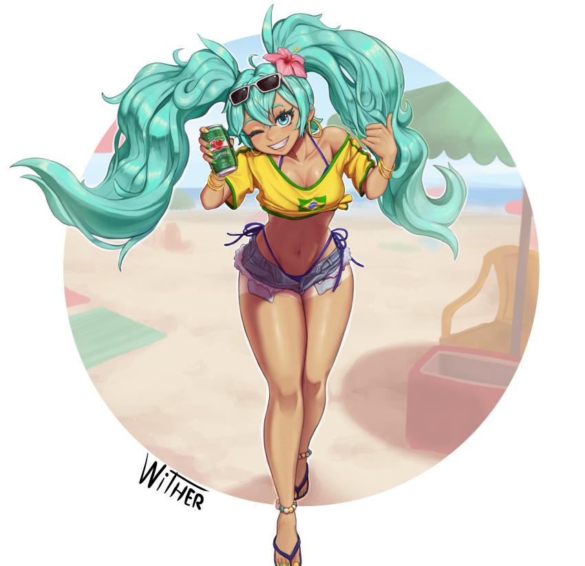 1girl absurdres ahoge anklet aqua_eyes aqua_hair beach bikini blue_bikini blush bracelet brazilian_miku breasts can cleavage cooler denim denim_shorts drink_can earrings eyewear_on_head flip-flops flower full_body guarana_antarctica hair_flower hair_ornament hatsune_miku highres holding holding_can jersey jewelry long_hair medium_breasts monobloc_(chair) multicolored_nails nail_polish navel one_eye_closed open_mouth sandals shirt short_shorts shorts signature soda_can solo stomach sunglasses swimsuit tan tanline teeth toenail_polish toenails twintails very_long_hair vocaloid walking wither yellow_shirt