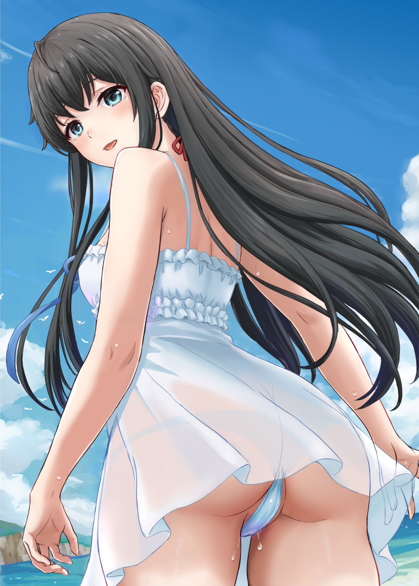 1girl :d ass black_hair blue_eyes blue_panties blue_ribbon blue_sky breasts cloud commentary_request day dress frilled_dress frills from_behind from_below hair_ribbon highres inanaki_shiki long_hair looking_at_viewer looking_back ocean open_mouth outdoors panties pantyshot pussy red_ribbon ribbon sky sleeveless sleeveless_dress small_breasts smile solo spaghetti_strap tongue underwear wet wet_clothes wet_dress white_dress yahari_ore_no_seishun_lovecome_wa_machigatteiru. yukinoshita_yukino