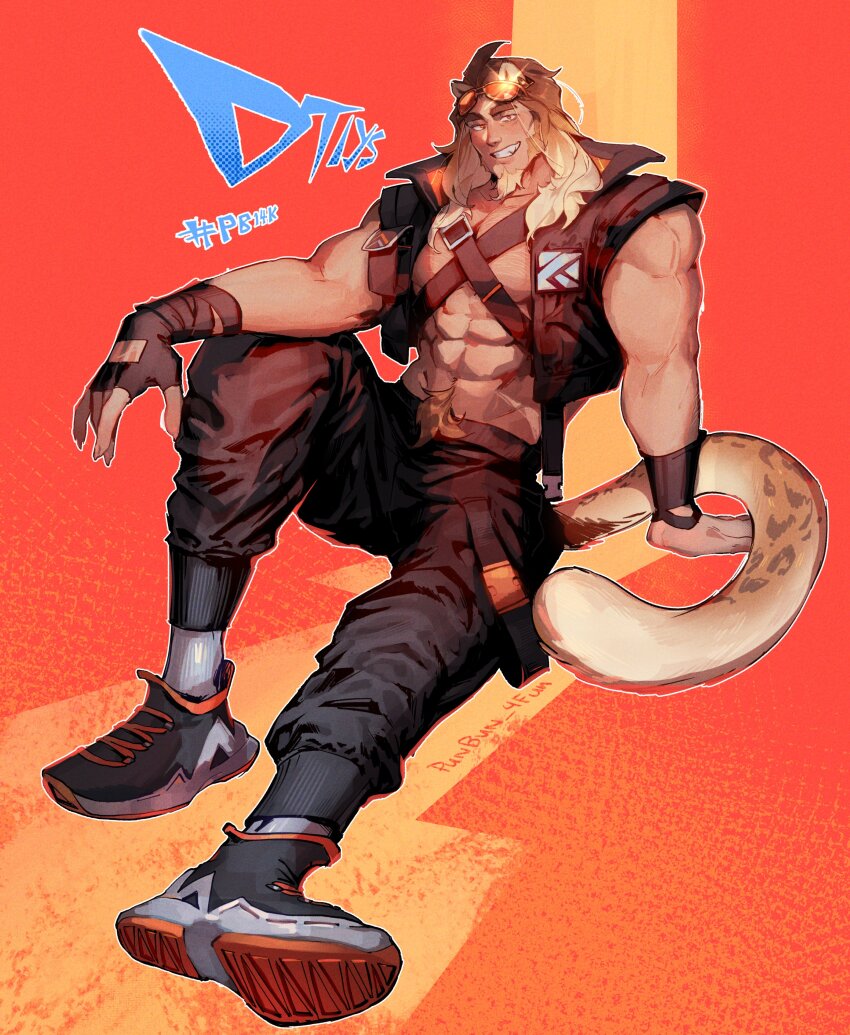 1boy abs absurdres animal_ears bara beard blonde_hair facial_hair foreshortening full_beard glint grin highres jaguar_boy jaguar_ears jaguar_tail large_pectorals looking_at_viewer male_focus mature_male muscular muscular_male original pants pectoral_cleavage pectorals punbun_4fun shoes short_hair sitting sleeveless smile sneakers solo sunglasses tail thick_beard thick_eyebrows thick_navel_hair tsurime veins veiny_arms zephyr_(punbun_4fun)