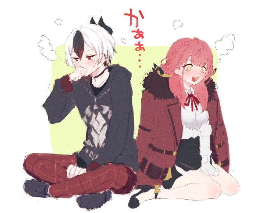 1boy 1girl aru_(blue_archive) black_choker black_footwear black_hair blue_archive blush breasts choker coat coat_on_shoulders ear_piercing fur-trimmed_coat fur_trim genderswap genderswap_(ftm) gloves hair_between_eyes hood hoodie horns kayoko_(blue_archive) large_breasts long_hair long_sleeves multicolored_hair open_mouth orange_eyes pants piercing red_coat red_eyes red_hair red_pants senta_(ysk_0218) shirt simple_background sitting skirt streaked_hair sweat white_gloves white_hair