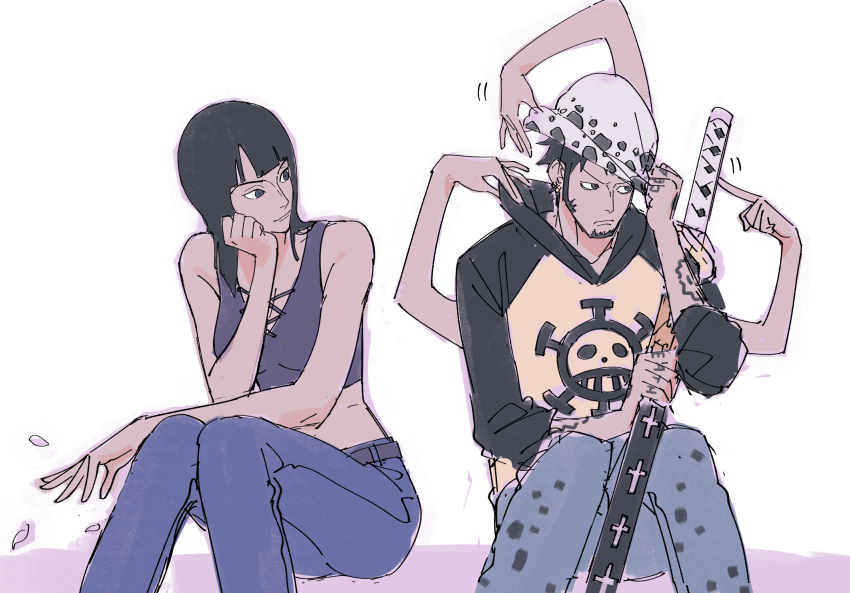 1boy 1girl black_hair blunt_bangs cross-laced_clothes cross-laced_top denim devil_fruit_power disembodied_hand extra_arms facial_hair goatee hana_hana_no_mi hay heart_pirates_jolly_roger highres holding holding_sword holding_weapon hood hoodie jeans medium_hair nico_robin nyan_2020 one_piece pants short_hair simple_background sitting sword trafalgar_law weapon white_background