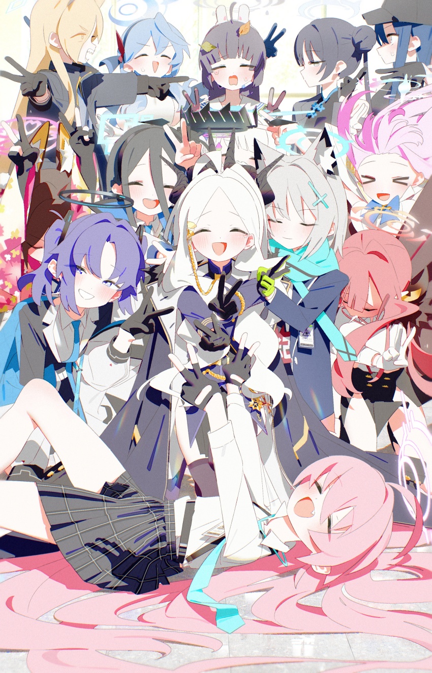 &gt;_&lt; 6+girls absurdres ako_(blue_archive) aris_(blue_archive) aru_(blue_archive) black_gloves blue_archive bm_tol cherino_(blue_archive) closed_eyes double_v fake_facial_hair fake_mustache fingerless_gloves gloves halo happy highres hina_(blue_archive) hoshino_(blue_archive) izuna_(blue_archive) kanna_(blue_archive) kisaki_(blue_archive) lying mika_(blue_archive) miyu_(blue_archive) multiple_girls on_back saori_(blue_archive) school_uniform shiroko_(blue_archive) smile v yuuka_(blue_archive)