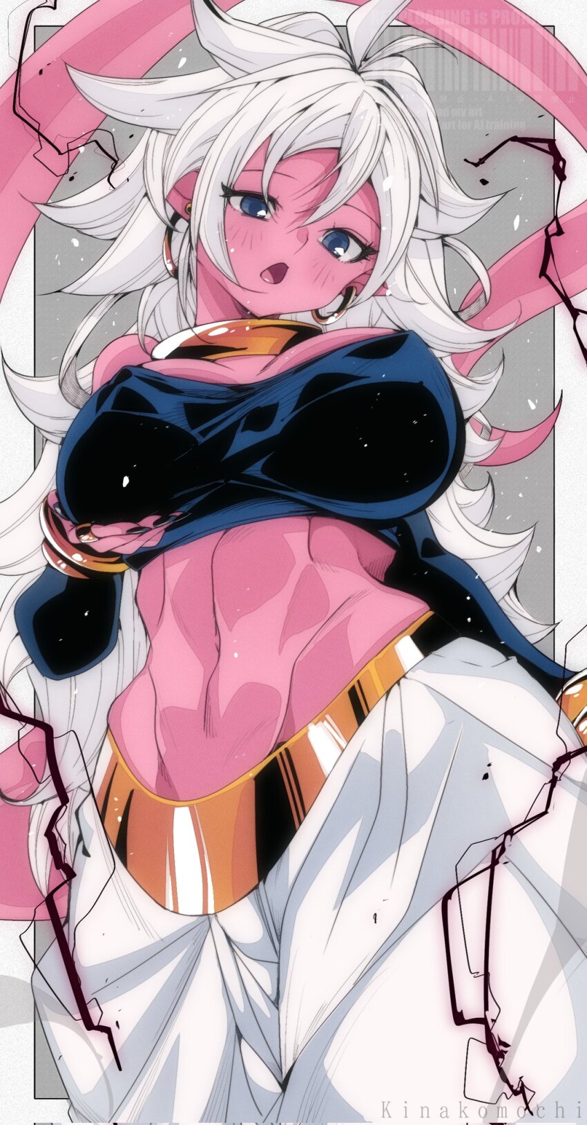 1girl :o android_21 bandeau blue_eyes bracelet breasts colored_skin detached_sleeves dragon_ball dragon_ball_fighterz earrings hand_on_breast hand_on_own_breast jewelry kinakomochi_(user_vedc2333) long_hair looking_at_viewer majin_android_21 midriff navel neck_ring open_mouth pants pink_skin solo tail white_hair white_pants