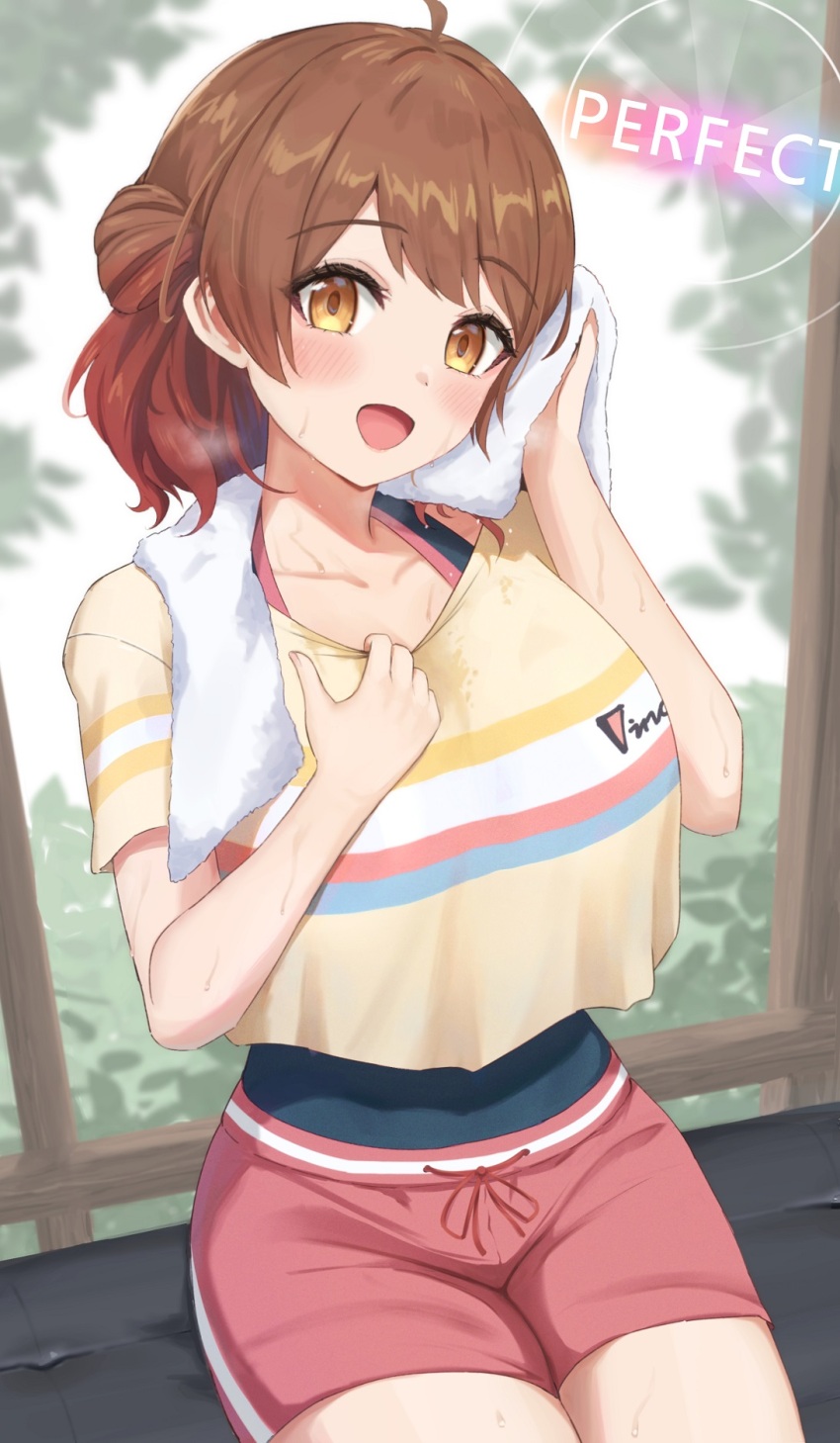 1girl ahoge blush breasts brown_hair collarbone commentary gakuen_idolmaster hanami_ume highres holding holding_towel idolmaster large_breasts looking_at_viewer peterchuu red_shorts shirt_overhang short_shorts short_sleeves shorts sitting smile solo sweat thighs towel wiping_sweat