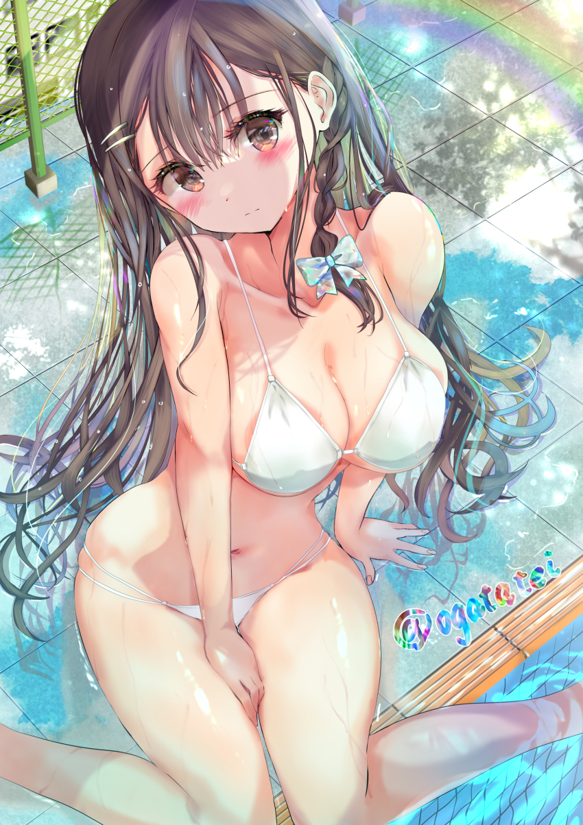 1girl absurdres bikini black_hair blush braid breasts brown_eyes commentary_request embarrassed feet_out_of_frame highres large_breasts long_hair navel nose_blush ogata_tei original rainbow single_braid sitting soaking_feet solo swimsuit twintails wariza water white_bikini