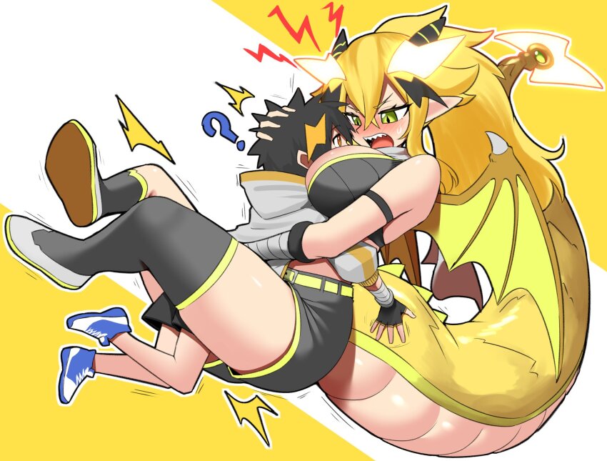 1boy 1girl age_difference belt between_breasts black_hair black_thighhighs blonde_hair blush breasts crossed_bangs dragon_girl dragon_horns dragon_tail dragon_wings face_between_breasts hair_ornament head_between_breasts highres horns large_breasts lightning_bolt lightning_bolt_hair_ornament lightning_bolt_symbol long_hair nakamura_yuto onee-shota pero_(pero7762) pointy_ears raisei_no_ryu_tsukai ribbed_tank_top san-chan sharp_teeth short_shorts shorts simple_background single_thighhigh sports_bra tail taped_arms teeth thighhighs wings