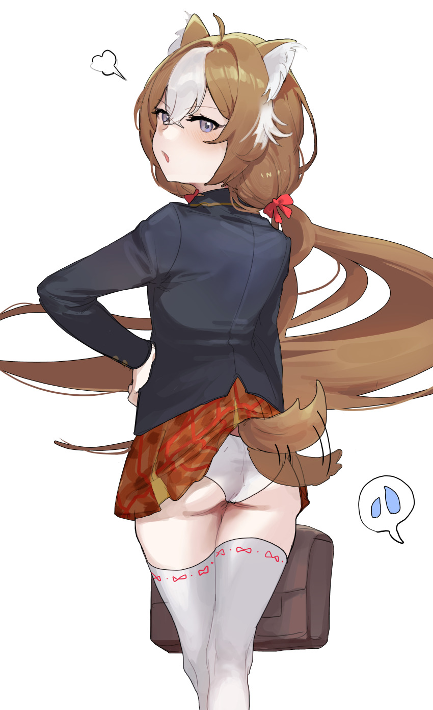 1girl absurdres animal_ears ass bag black_jacket blazer blue_eyes blush bow brown_hair from_behind girls&#039;_frontline_neural_cloud hair_between_eyes hair_bow hannah_(neural_cloud) highres jacket lifted_by_tail long_hair long_sleeves looking_at_viewer looking_back miniskirt multicolored_hair open_mouth orange_skirt panties plaid_clothes plaid_skirt pleated_skirt red_bow ribu_(rv) school_bag school_uniform skirt solo standing tail tail_wagging thighhighs two-tone_hair underwear very_long_hair white_hair white_panties