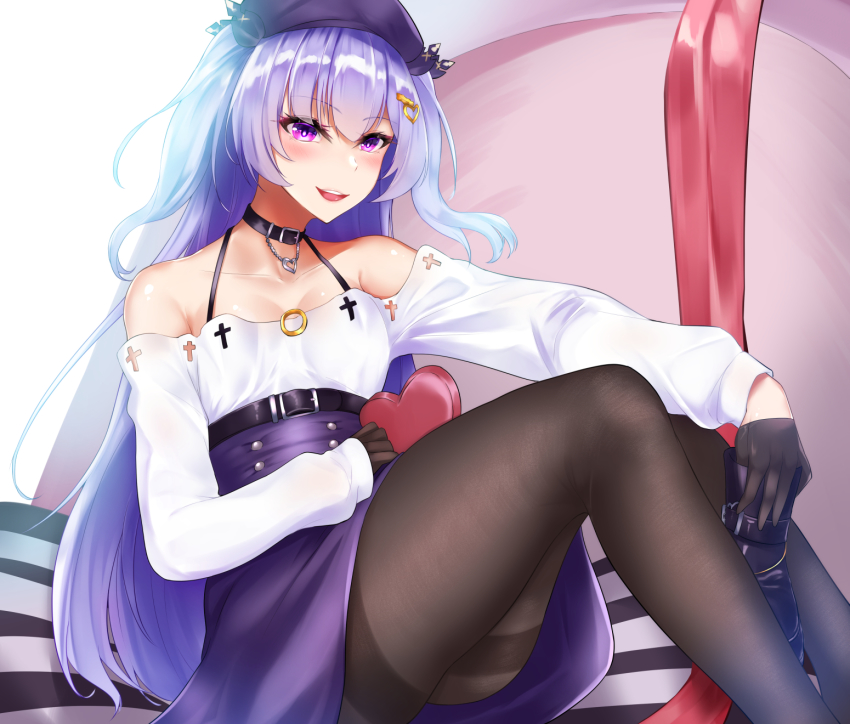 1girl ajax_(azur_lane) ajax_(valentine&#039;s_reward?)_(azur_lane) azur_lane bare_shoulders black_choker black_gloves black_pantyhose blue_hair blush boots breasts choker collarbone dress gift gloves hat highres holding holding_gift jewelry kuzya long_hair looking_at_viewer necklace open_mouth pantyhose purple_eyes purple_hat simple_background sitting small_breasts solo thighs unworn_boots valentine