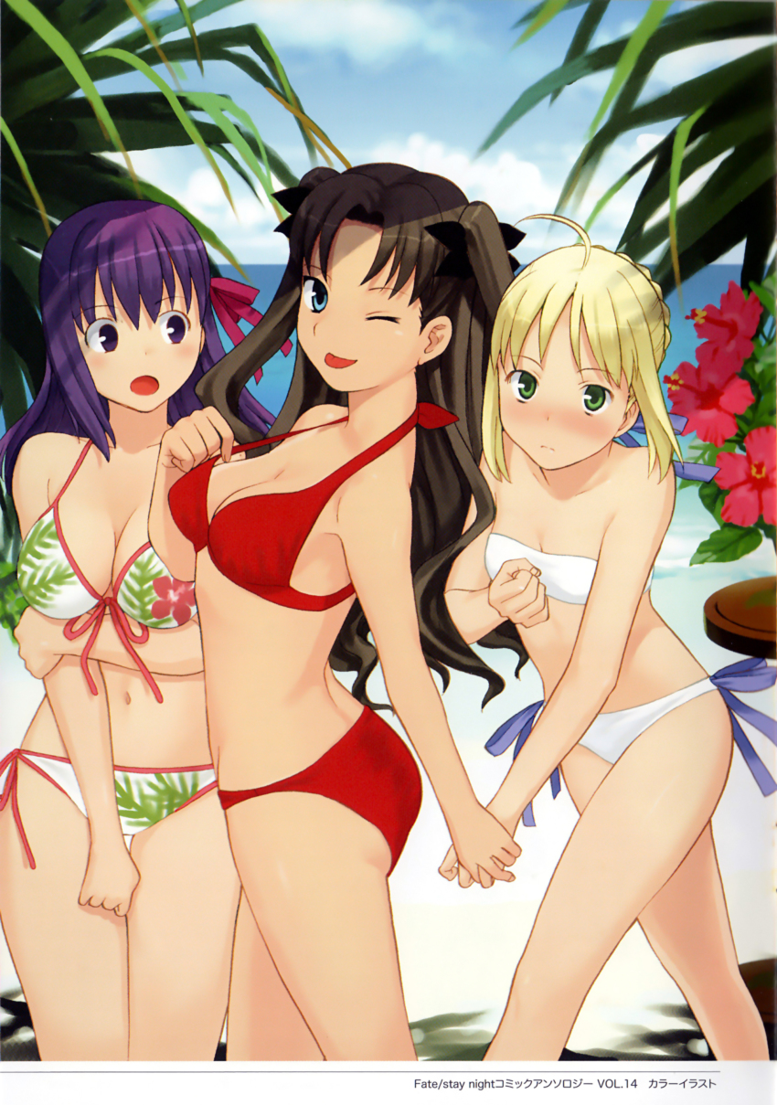 3girls ;p absurdres ahoge alternate_costume artoria_pendragon_(all) artoria_pendragon_(fate) bandeau bikini black_hair blonde_hair blue_eyes breast_hold breasts cleavage fate/stay_night fate_(series) flower front-tie_top green_eyes hair_ribbon hibiscus highres large_breasts long_hair matou_sakura medium_breasts multiple_girls one_eye_closed open_mouth print_bikini purple_eyes purple_hair red_bikini ribbon saber_(fate) scan short_hair side-tie_bikini_bottom small_breasts string_bikini swimsuit takenashi_eri thigh_gap tohsaka_rin tongue tongue_out two_side_up white_bikini wink