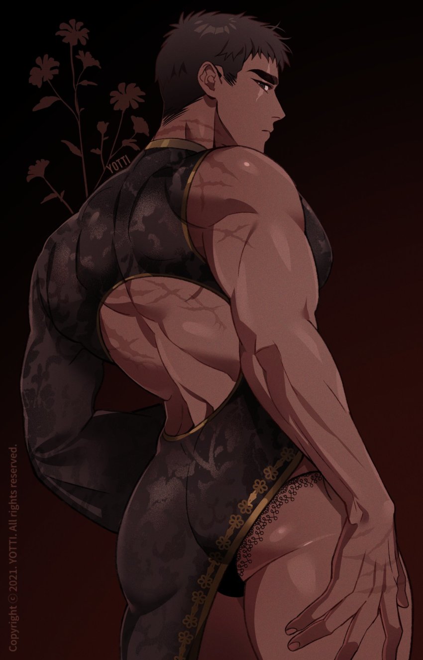 1boy artist_name ass asymmetrical_sleeves back bara black_hair chinese_clothes closed_mouth dark-skinned_male dark_skin hand_on_own_thigh highres large_pectorals looking_back male_focus muscular muscular_male original pectorals scar scar_across_eye scar_on_arm scar_on_back scar_on_face scar_on_hand scar_on_neck single_bare_shoulder solo thick_thighs thighs thong uneven_sleeves wide_sleeves yotti