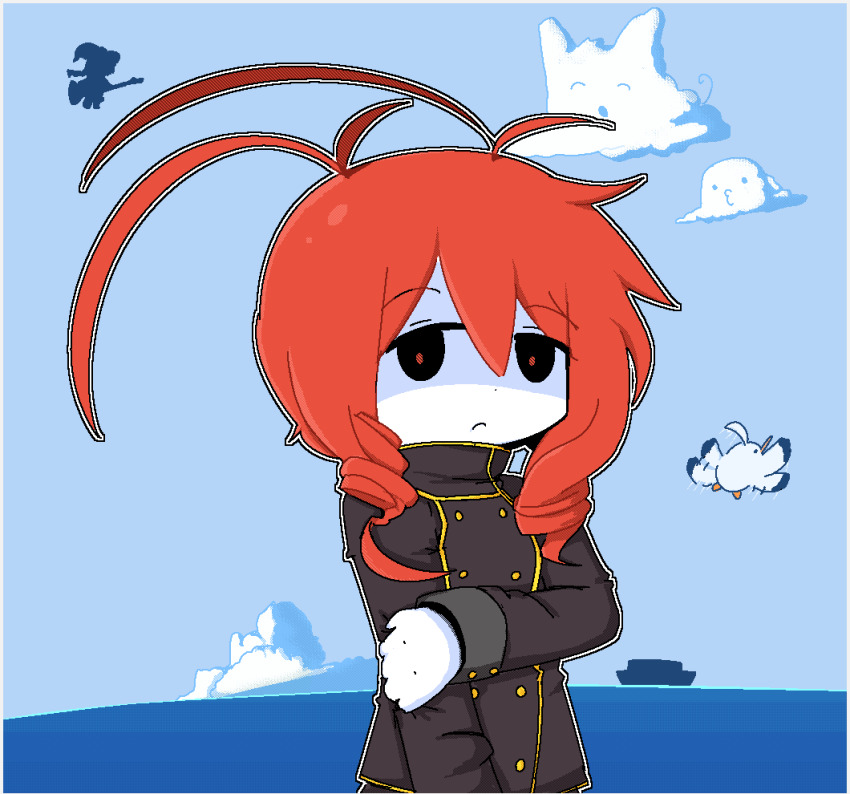 1girl absurdres antenna_hair antennae black_jacket buttons cloud colored_skin curly_hair double-breasted double-parted_bangs drill_hair frown funamusea gloves gold_trim grabbing_own_arm high_collar highres jacket lobco_(funamusea) lobster_girl long_sleeves looking_at_viewer neppyseagull ocean oounabara_to_wadanohara outline red_eyes red_hair shaded_face short_hair silhouette sky solo upper_body white_gloves white_outline white_skin