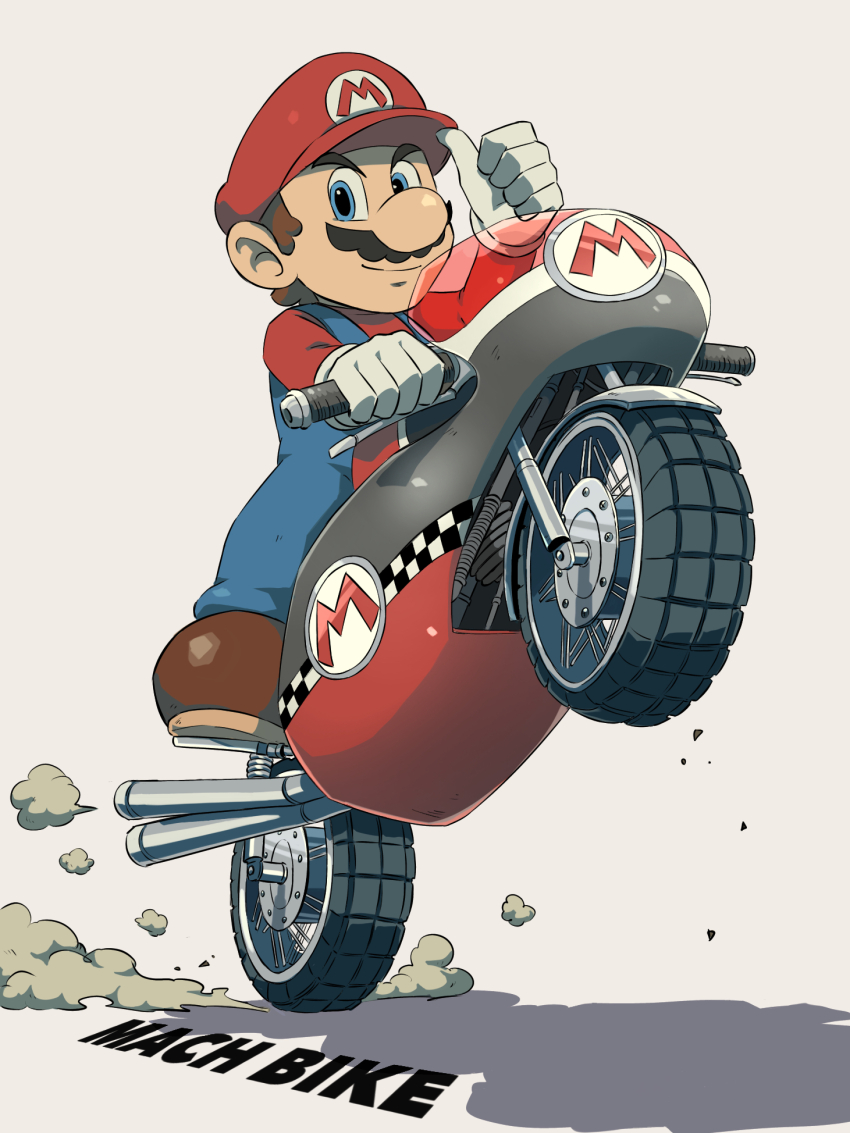 1boy blue_overalls driving hat highres long_sleeves male_focus mario mario_(series) mario_kart mario_kart_wii motor_vehicle motorcycle nintendo overalls red_hat red_shirt shirt smile solo thumbs_up ya_mari_6363