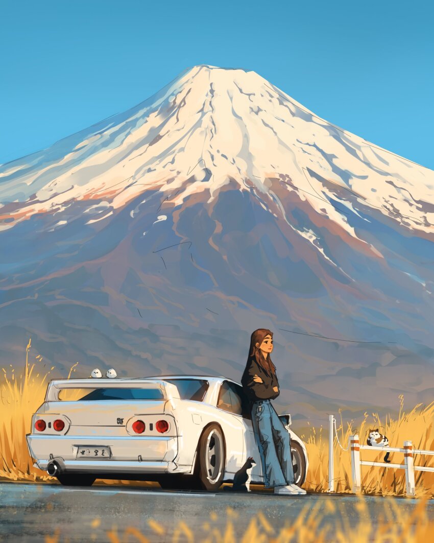 1girl bird black_sweater blue_pants brown_hair car commentary crossed_arms denim english_commentary hair_behind_ear highres jeans long_hair motor_vehicle mount_fuji nissan nissan_skyline nissan_skyline_gt-r nissan_skyline_r32 original pants sam_yang scenery shoes sneakers spoiler_(automobile) sports_car sweater white_car white_footwear