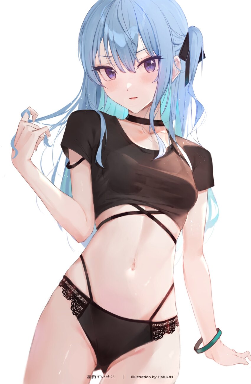 1girl aqua_hair artist_name black_choker black_panties black_ribbon black_shirt blue_eyes blue_hair bracelet breasts character_name choker cowboy_shot crop_top hair_between_eyes hair_ribbon haru_on highres holding holding_own_hair hololive hoshimachi_suisei jewelry lace long_hair looking_at_viewer navel official_alternate_hair_length official_alternate_hairstyle one_side_up panties parted_lips revision ribbon shirt short_sleeves simple_background small_breasts solo standing star_(symbol) star_in_eye stomach symbol_in_eye underwear virtual_youtuber white_background