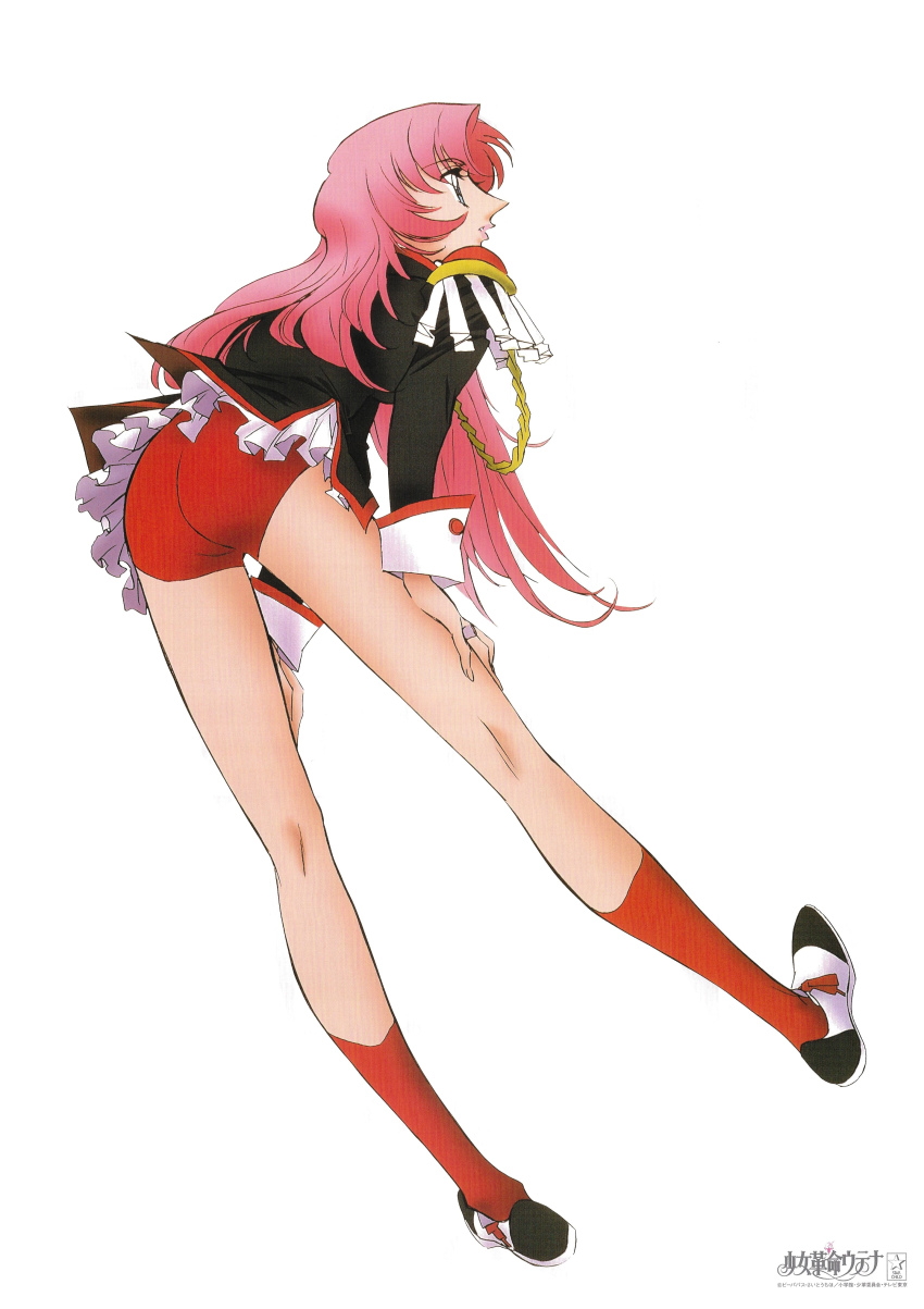 1990s_(style) 1girl absurdres ass epaulettes full_body hands_on_thighs highres logo long_hair long_sleeves non-web_source official_art pink_hair profile red_legwear retro_artstyle scan shoujo_kakumei_utena simple_background solo tenjou_utena white_background