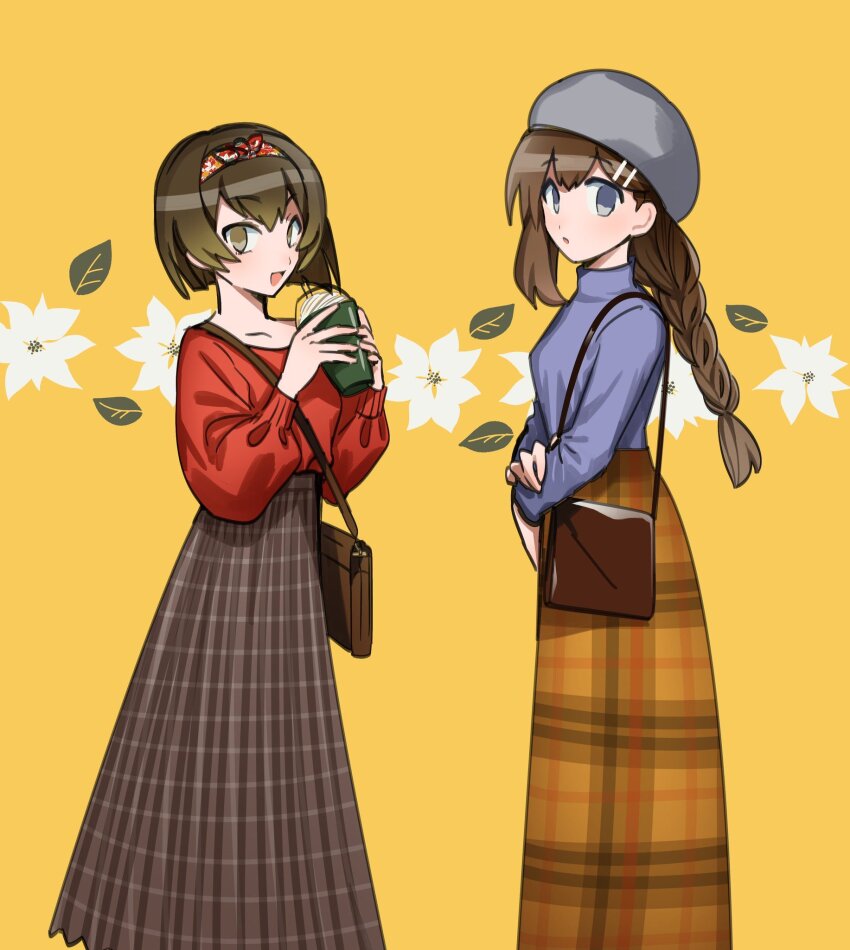 2girls blue_eyes blue_hat blue_sweater braid brown_hair brown_skirt cowboy_shot hair_ornament hairband hairclip hat highres hod_(project_moon) lobotomy_corporation long_hair long_sleeves malkuth_(project_moon) mogura_panda multiple_girls plaid_clothes plaid_skirt project_moon puffy_long_sleeves puffy_sleeves red_hairband red_shirt shirt short_hair simple_background single_sidelock skirt sweater yellow_background