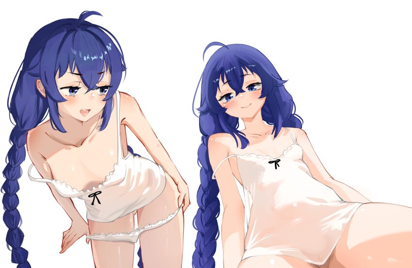 1girl absurdres ahoge alternate_costume babywipes blue_eyes blue_hair braid breasts camisole collarbone commentary crossed_bangs english_commentary hair_between_eyes highres long_hair looking_at_viewer looking_to_the_side multiple_views mushoku_tensei no_panties panties panty_pull pussy_juice pussy_juice_trail roxy_migurdia simple_background small_breasts spread_legs strap_slip twin_braids underwear undressing upper_body very_long_hair white_background white_camisole white_panties