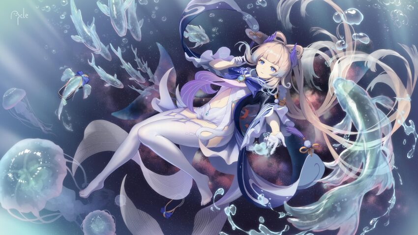 1girl absurdres ancle_(aruncle) fish genshin_impact gloves half_gloves highres jellyfish long_hair long_sleeves looking_at_viewer navel sangonomiya_kokomi shoes smile solo thighhighs underwater white_gloves zettai_ryouiki