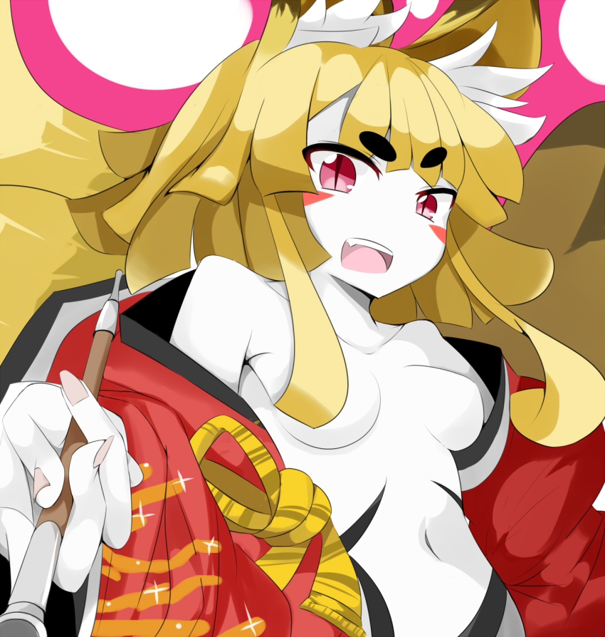 1girl animal_ears blonde_hair disgaea fox_ears fox_tail highres karatakewari looking_at_viewer makai_senki_disgaea_5 multiple_tails nine-tailed_fox_(disgaea) no_nipples no_nose open_mouth red_eyes slit_pupils tail