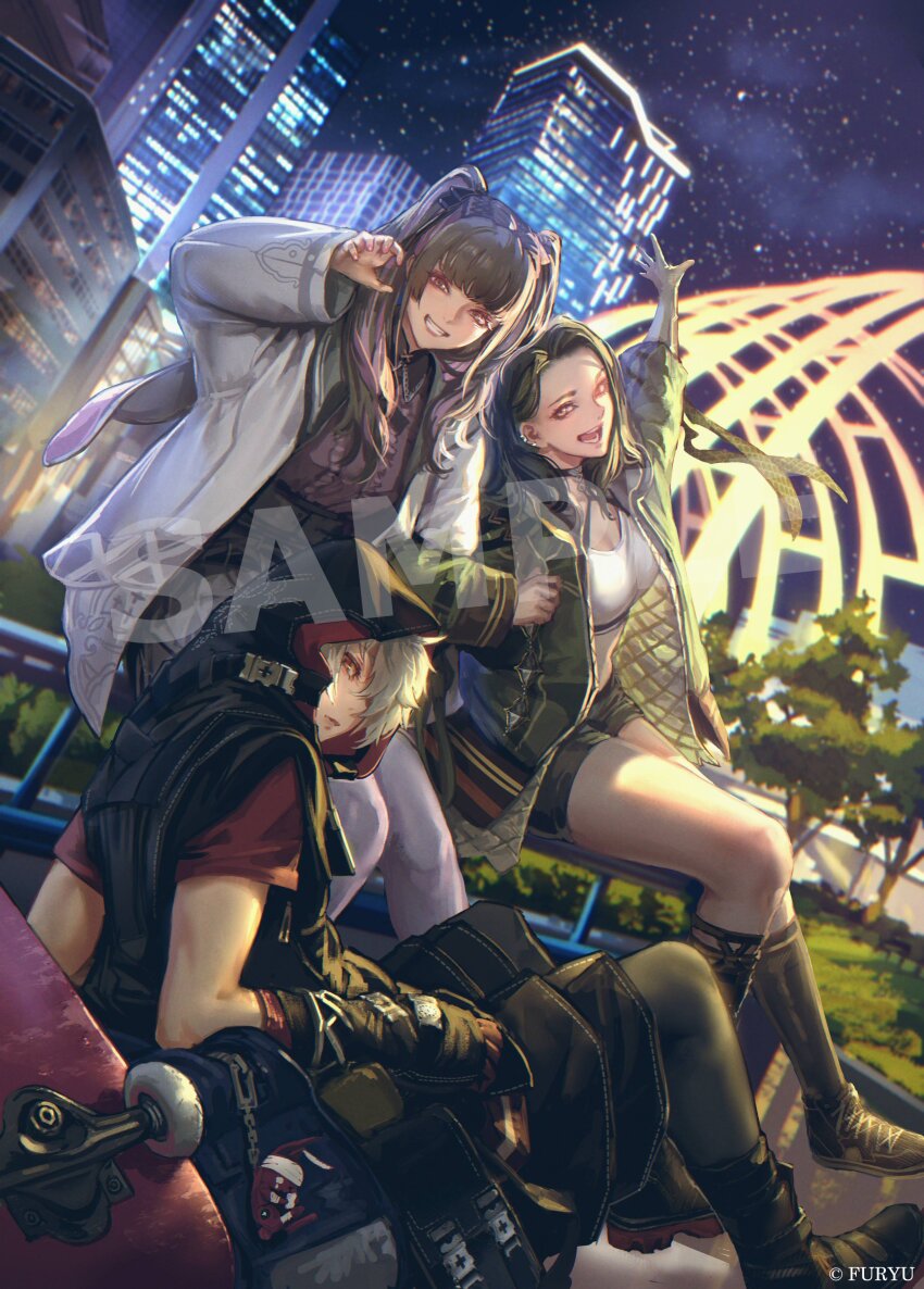 1boy 2girls absurdres arm_up black_hair building character_request city commentary_request grey_hair highres hood hood_up hooded_jacket jacket jirai_kei kaburagi_yasutaka long_hair looking_at_viewer multiple_girls night official_art outdoors reynatis sample_watermark sitting sky smile star_(sky) starry_sky watermark