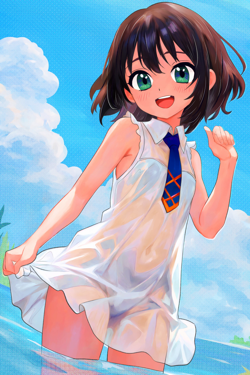 1girl absurdres bare_shoulders blue_sky breasts brown_hair commentary covered_navel day dress english_commentary green_eyes highres looking_at_viewer mixed-language_commentary necktie open_mouth original see-through_clothes short_hair sky small_breasts smile solo tsukiyono_aroe wading water white_dress