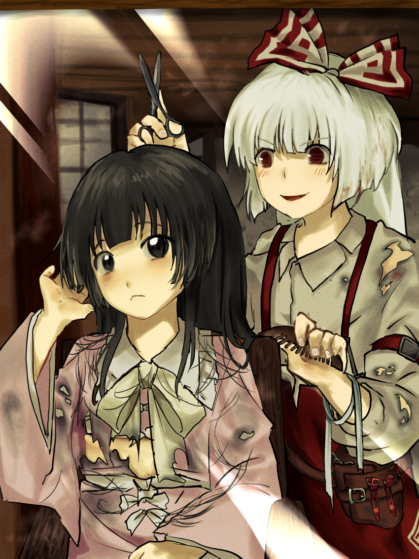 2girls :&lt; arm_up bags_under_eyes black_eyes black_hair bow closed_mouth collared_shirt comb cutting_hair dirty dirty_clothes from_behind fujiwara_no_mokou hair_bow hand_in_own_hair highres hime_cut holding holding_comb holding_scissors houraisan_kaguya indoors light_blush light_rays long_hair long_sleeves messy_hair multiple_girls ofuda open_mouth pants pink_shirt red_eyes red_pants ribbon scissors severed_hair shirt smile smug sunbeam sunlight suspenders tools torn_clothes touhou v-shaped_eyebrows white_hair wide_sleeves yukine_0930