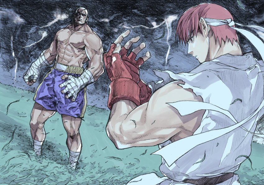 2boys abs absurdres auburn_hair bald capcom dougi eyepatch faceoff field fingerless_gloves gloves hand_wraps headband highres lightning male_focus multiple_boys muscular red_hair ryu_(street_fighter) sagat shorts sketch storm street_fighter street_fighter_zero_(series) topless_male yoshihara_motoki