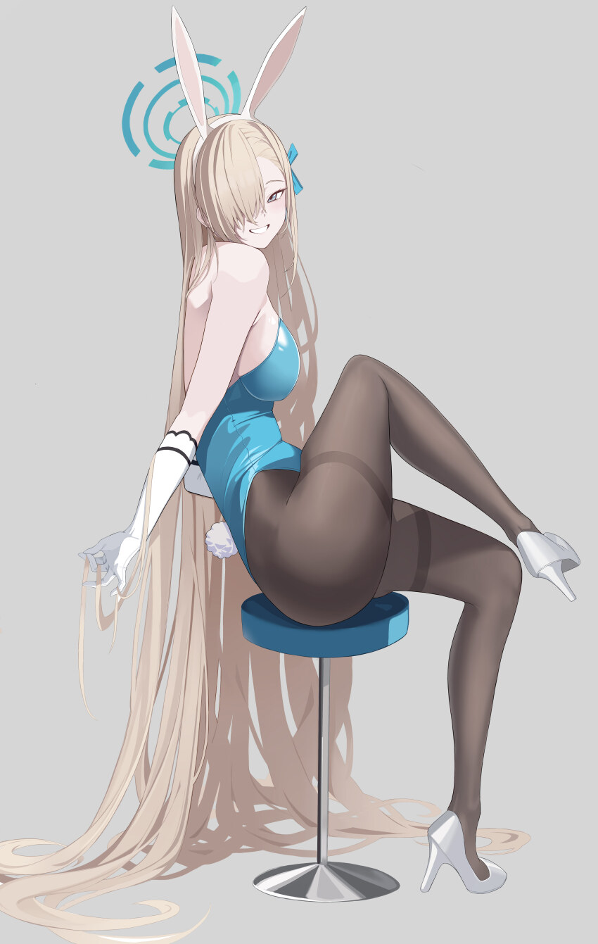 1girl absurdly_long_hair absurdres animal_ears aqua_leotard aqua_ribbon arm_behind_back ass asuna_(blue_archive) asuna_(bunny)_(blue_archive) asymmetrical_bangs backless_leotard bar_stool bare_back bare_shoulders black_pantyhose blonde_hair blue_archive blue_eyes breasts chair fake_animal_ears fake_tail forehead full_body gloves grey_background grin hair_ornament hair_over_one_eye hair_ribbon halo high_heels highleg highres kuyoumi large_breasts leg_up leotard long_hair official_alternate_costume pantyhose playboy_bunny rabbit_tail ribbon sagging_breasts shadow simple_background sitting smile solo stool strapless strapless_leotard tail thighs very_long_hair white_footwear white_gloves