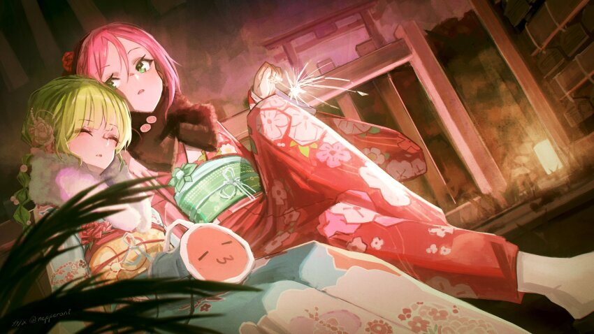 2girls alternate_costume aqua_kimono closed_eyes commentary english_commentary feet_out_of_frame fireworks floral_print floral_print_kimono green_eyes green_hair green_sash hair_between_eyes highres holding holding_fireworks japanese_clothes kimono leaning_on_person looking_to_the_side mocha_(osu!) multiple_girls nepperoni obi osu! parted_bangs parted_lips pink_hair pink_kimono pippi_(osu!) ribbon sash sitting sparkler torii white_ribbon yellow_sash