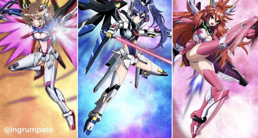 3girls ahoge amou_kanade armor armored_boots ass asymmetrical_dual_wielding beam_rifle beam_saber blue_eyes blue_hair blue_leotard bodysuit boots breasts brown_eyes brown_hair cleavage cosplay crossed_bangs destiny_gundam destiny_gundam_(cosplay) double-blade energy_gun fin_funnels funnels_(gundam) gloves gun gundam gundam_seed gundam_seed_destiny hair_between_eyes hair_ornament hairclip highres holding holding_gun holding_sword holding_weapon infinite_justice_gundam infinite_justice_gundam_(cosplay) kazanari_tsubasa kyomeihibiki large_breasts leotard long_hair looking_at_viewer mecha_danshi mecha_musume mechanical_wings medium_breasts metal_gloves multicolored_leotard multiple_girls multiple_weapons navel one_side_up open_hands orange_eyes pink_thighhighs power_armor purple_eyes red_eyes red_hair senki_zesshou_symphogear senki_zesshou_symphogear_xd_unlimited short_hair small_breasts space strike_freedom_gundam strike_freedom_gundam_(cosplay) sword tachibana_hibiki_(symphogear) tachibana_hibiki_(symphogear)_(another) thighhighs thighhighs_under_boots thrusters very_long_hair weapon wings yellow_gloves