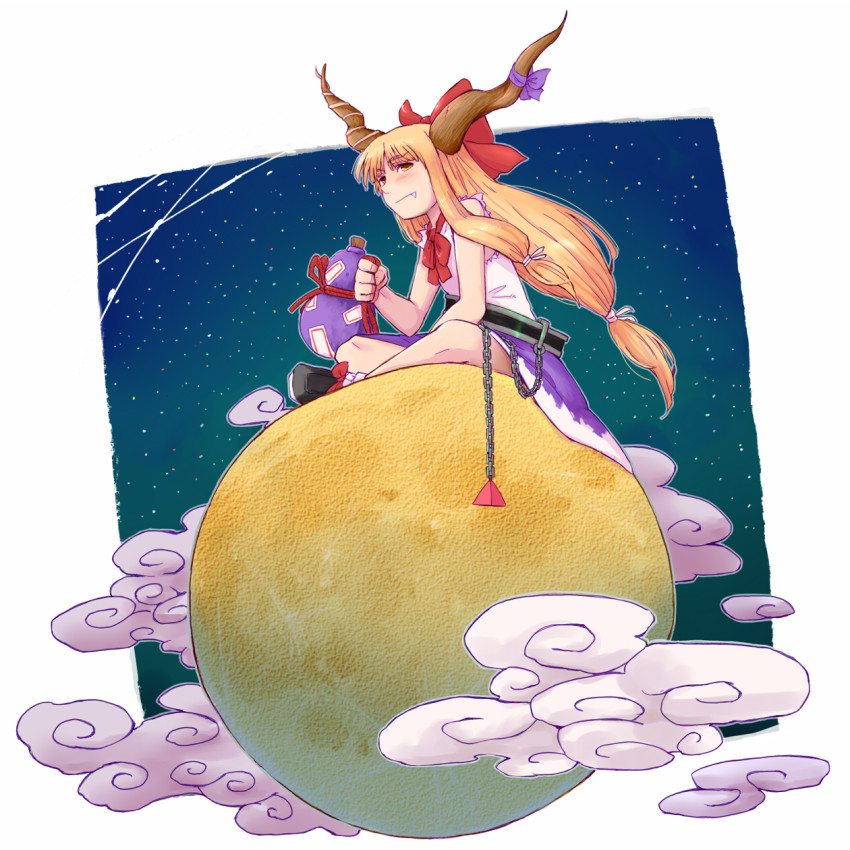 1girl blonde_hair brown_eyes chain cloud daitai_konna_kanji female_focus full_moon gourd grin highres holding horns ibuki_suika long_hair moon sitting smile solo touhou