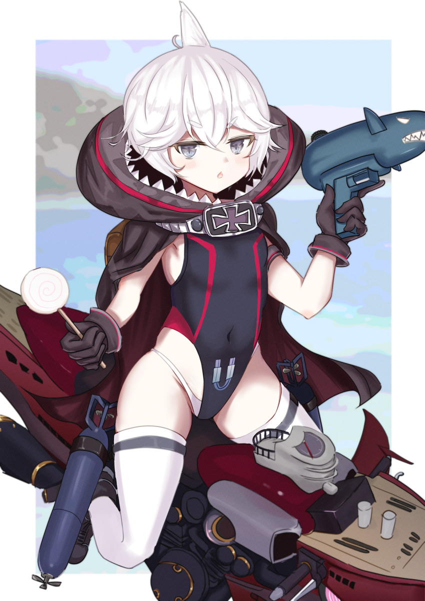 1girl :o absurdres ahoge animal_hood armband azur_lane black_cloak black_gloves black_one-piece_swimsuit blue_sky blush candy cloak commentary_request covered_navel cross day fang flat_chest food full_body gloves grey_eyes groin gun hair_between_eyes hands_up highres holding holding_candy holding_food holding_gun holding_lollipop holding_weapon hood hood_down hooded_cloak iron_cross lollipop looking_at_viewer one-piece_swimsuit panties petite shark_hood short_hair sidelocks sitting skindentation sky solo submarine swimsuit swirl_lollipop thighhighs toketa-sekai torpedo u-110_(azur_lane) underwear watercraft weapon white_hair white_panties white_thighhighs