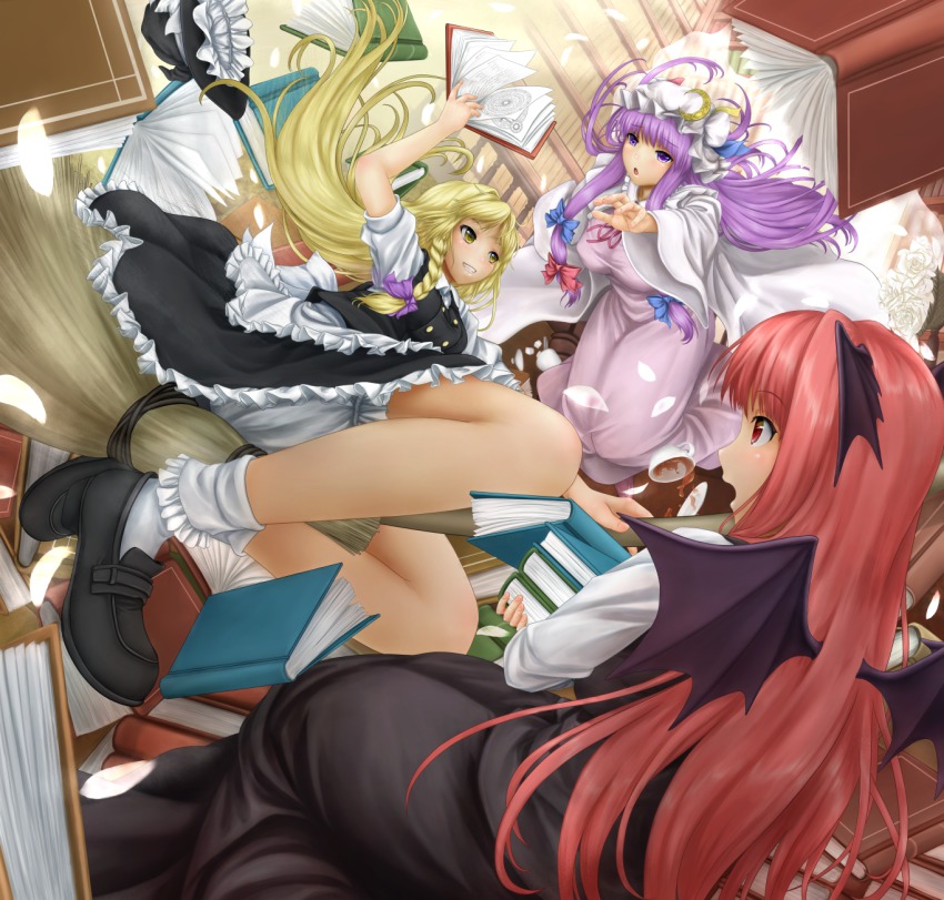 3girls bat_wings blonde_hair bloomers blush book braid breasts broom broom_riding crescent cup female_focus flying hat unworn_hat head_wings unworn_headwear highres kirisame_marisa koakuma large_breasts legs library long_hair miyakouji multiple_girls open_mouth patchouli_knowledge purple_eyes purple_hair reaching red_eyes red_hair revision ribbon smile socks teacup touhou underwear voile wings witch_hat yellow_eyes