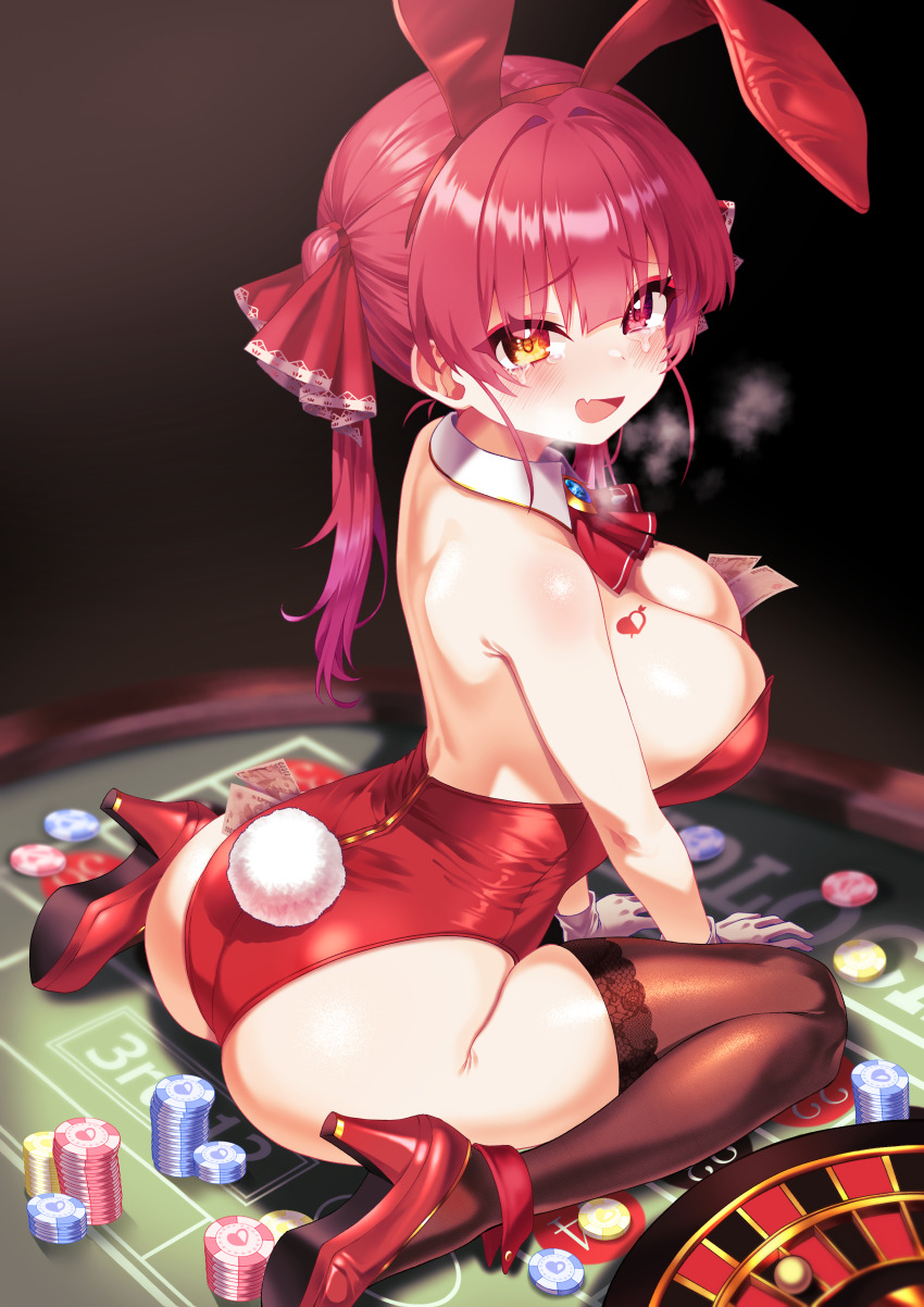 1girl absurdres animal_ears ascot ass bare_shoulders black_thighhighs blush breast_tattoo breasts breath casino commentary fake_animal_ears fang gloves gyoza_(pixiv17855879) hair_intakes hairband heart heart_tattoo heavy_breathing heterochromia high_heels highres hololive houshou_marine huge_breasts leotard long_hair money open_mouth playboy_bunny poker_chip poker_table rabbit_ears rabbit_tail red_ascot red_eyes red_footwear red_hair red_hairband red_leotard roulette skin_fang smile solo strapless strapless_leotard table tail tattoo tearing_up tears thighhighs thighs tucked_money virtual_youtuber white_gloves white_tail yellow_eyes