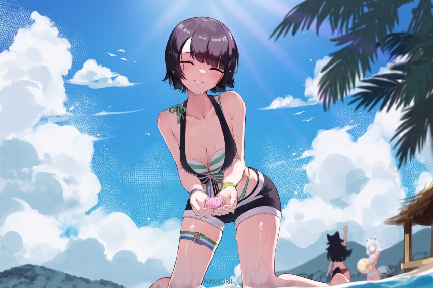 3girls absurdres beach bikini bikini_under_shorts black_hair black_shorts blue_sky breasts cleavage closed_eyes cloud commentary cumulonimbus_cloud day front-tie_bikini_top front-tie_top green_bikini grin halterneck highleg highleg_bikini highres holding_seashell hololive hololive_summer_2023_swimsuit kneeling layered_bikini medium_breasts multiple_girls namiorii official_alternate_costume ookami_mio oozora_subaru outdoors palm_leaf shirakami_fubuki short_hair short_shorts shorts sky smile solo_focus striped_bikini striped_clothes swimsuit symbol-only_commentary thigh_strap virtual_youtuber wet