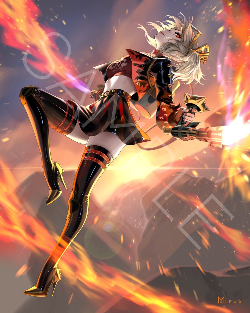 1girl absurdres artist_logo black_jacket black_shirt black_skirt blonde_hair boots breasts burnice_white closed_mouth commentary dual_wielding fire flame_print flamethrower from_side full_body hashtag-only_commentary highres holding holding_flamethrower holding_weapon jacket large_breasts logo looking_at_viewer m_alexa medium_hair midriff orange_eyes sample_watermark shirt skirt smile solo thigh_boots thighhighs thighs watermark zenless_zone_zero zettai_ryouiki