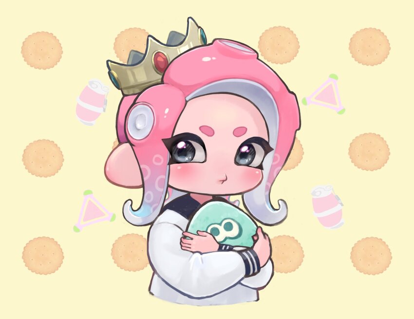 1girl blue_gemstone blue_hair closed_mouth crown fizzy_bomb_(splatoon) gem gradient_hair grey_eyes highres holding holding_stuffed_toy light_blue_hair long_hair long_sleeves multicolored_hair nintendo no_nose octoling octoling_girl octoling_player_character oekakirisuke pink_hair red_gemstone shirt short_eyebrows solo splat_bomb_(splatoon) splatoon_(series) stuffed_squid stuffed_toy tentacle_hair two-tone_hair upper_body white_shirt yellow_background