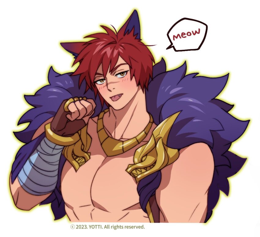 1boy bara blush clenched_hand cropped_torso fang fang_out jewelry large_pectorals league_of_legends male_focus meowing muscular muscular_male necklace pectorals red_hair sanpaku scar scar_on_face scar_on_nose sett_(league_of_legends) short_hair solo speech_bubble tongue tongue_out yotti