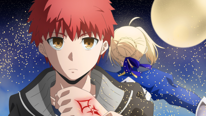 1boy 1girl armor armored_dress artoria_pendragon_(all) artoria_pendragon_(fate) blonde_hair dress emiya_shirou fate/stay_night fate_(series) gloves jacket looking_at_viewer magic_circuit moon red_hair saber_(fate) short_hair user_uhxx8882 yellow_eyes