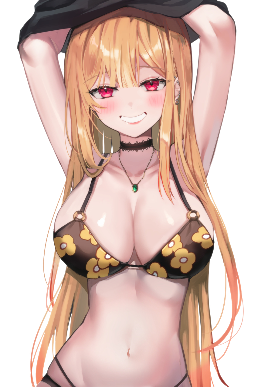 1girl absurdres armpits arms_up bikini black_bikini black_choker blonde_hair breasts choker churi_(oxxchurixxo) collarbone commentary duplicate ear_piercing earrings floral_print highres jewelry kitagawa_marin large_breasts long_hair looking_at_viewer navel necklace piercing pixel-perfect_duplicate print_bikini red_eyes smile solo sono_bisque_doll_wa_koi_wo_suru swimsuit undressing