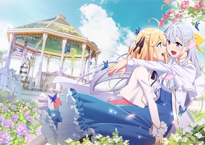 2girls absurdres anisphia_wynn_palettia blonde_hair blue_hair blush braid breasts bug butterfly dress euphyllia_magenta flower gazebo green_eyes hair_ribbon highres hug insect jovei looking_at_another medium_breasts multiple_girls open_mouth outdoors purple_eyes ribbon rose short_hair smile tensei_oujo_to_tensai_reijou_no_mahou_kakumei tree yuri