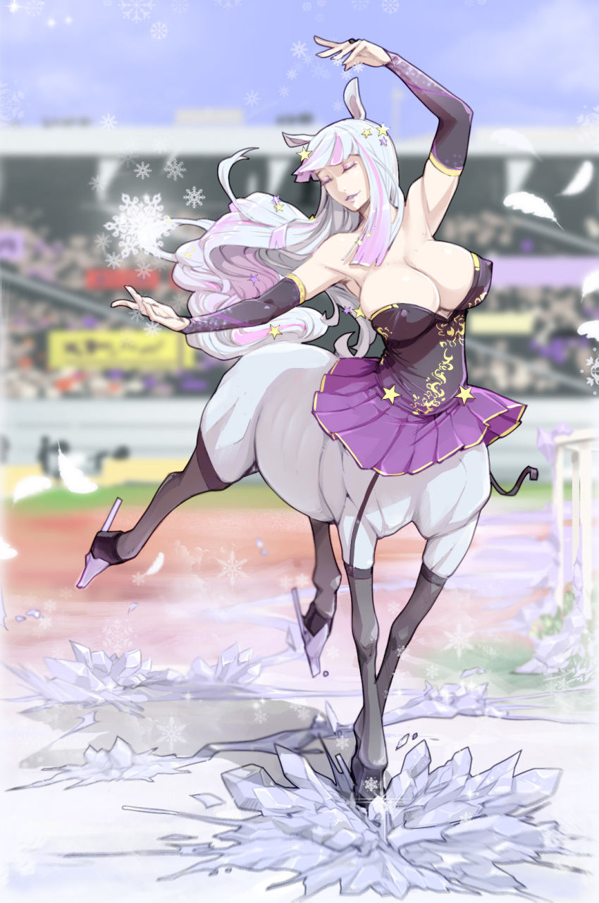 1girl animal_ears armpits bare_shoulders blue_hair blurry blurry_background blurry_foreground breasts centaur closed_eyes commentary dancing depth_of_field detached_sleeves dress feathers female_focus garter_straps grey_thighhighs hair_ornament hand_up highres horse_ears ice_skates jumping large_breasts long_sleeves materclaws monster_girl multicolored_hair original parted_lips pink_hair pleated_skirt purple_dress purple_skirt skates skating skirt smile solo star_(symbol) taur thighhighs