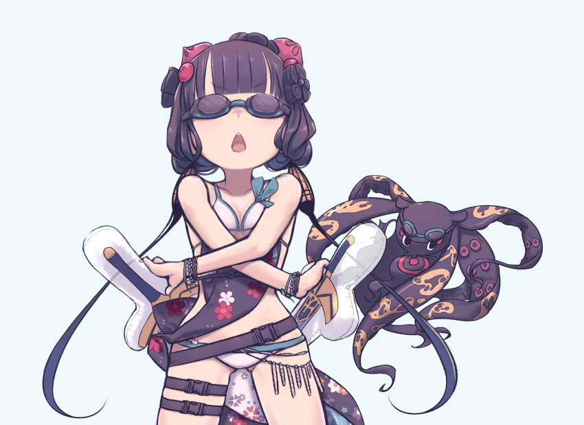 1girl absurdres bare_shoulders beads belt bikini bracelet breasts cleavage collarbone daisi_gi fate/grand_order fate_(series) floral_print goggles hair_ornament highres inflatable_sword inflatable_toy jewelry katana katsushika_hokusai_(fate) katsushika_hokusai_(swimsuit_saber)_(fate) long_hair medium_breasts navel obi octopus open_mouth purple_hair sash sidelocks swimsuit sword thigh_strap thighs tokitarou_(fate) weapon white_bikini