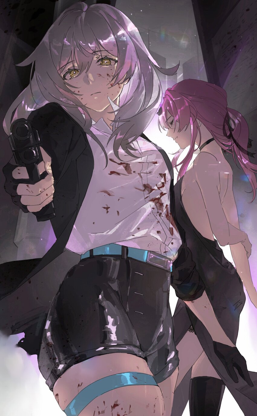 2girls absurdres aiming bare_back black_dress black_gloves black_jacket black_shorts blood blood_on_clothes blood_on_face cityscape closed_eyes dress expressionless fingerless_gloves gloves grey_hair gun highres holding holding_gun holding_weapon honkai:_star_rail honkai_(series) jacket kafka_(honkai:_star_rail) lalala1851745 looking_at_viewer multiple_girls profile purple_hair shirt shorts skyline smile stelle_(honkai:_star_rail) thigh_strap trailblazer_(honkai:_star_rail) weapon white_shirt yellow_eyes yuri