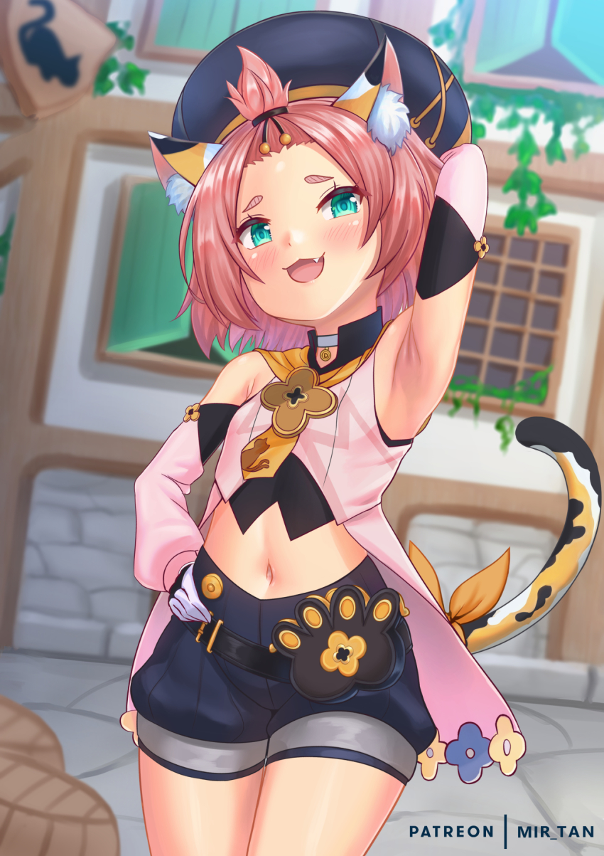 1girl animal_ear_fluff animal_ears arm_up armpits barrel blush breasts building cat_ears cat_tail child detached_sleeves diona_(genshin_impact) fang genshin_impact gloves green_eyes hair_ornament half-closed_eyes hand_on_own_hip hat highres long_sleeves looking_at_viewer midriff mir_fille_de_meiou navel open_mouth patreon_username short_hair shorts sleeveless small_breasts smile tail window