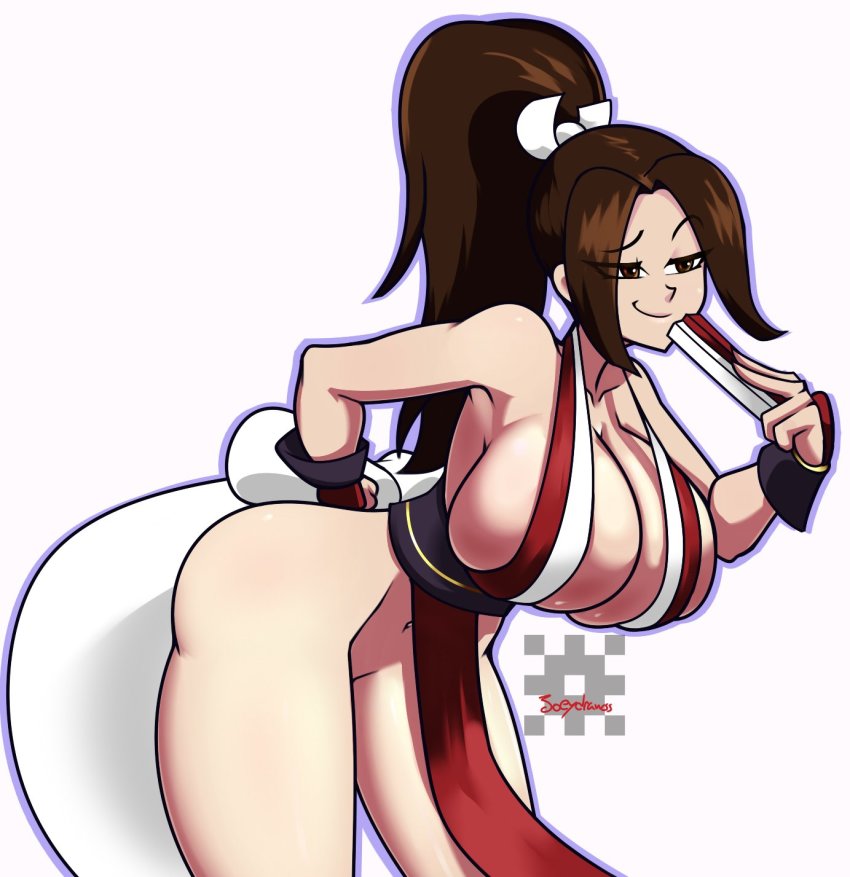 1girl breasts brown_eyes brown_hair cleavage closed_mouth curvy fatal_fury hair_ribbon hand_fan highres huge_breasts japanese_clothes joeydrawss kimono long_hair nintendo no_panties parted_bangs ponytail ribbon shiranui_mai smile smirk super_smash_bros. tight_clothes