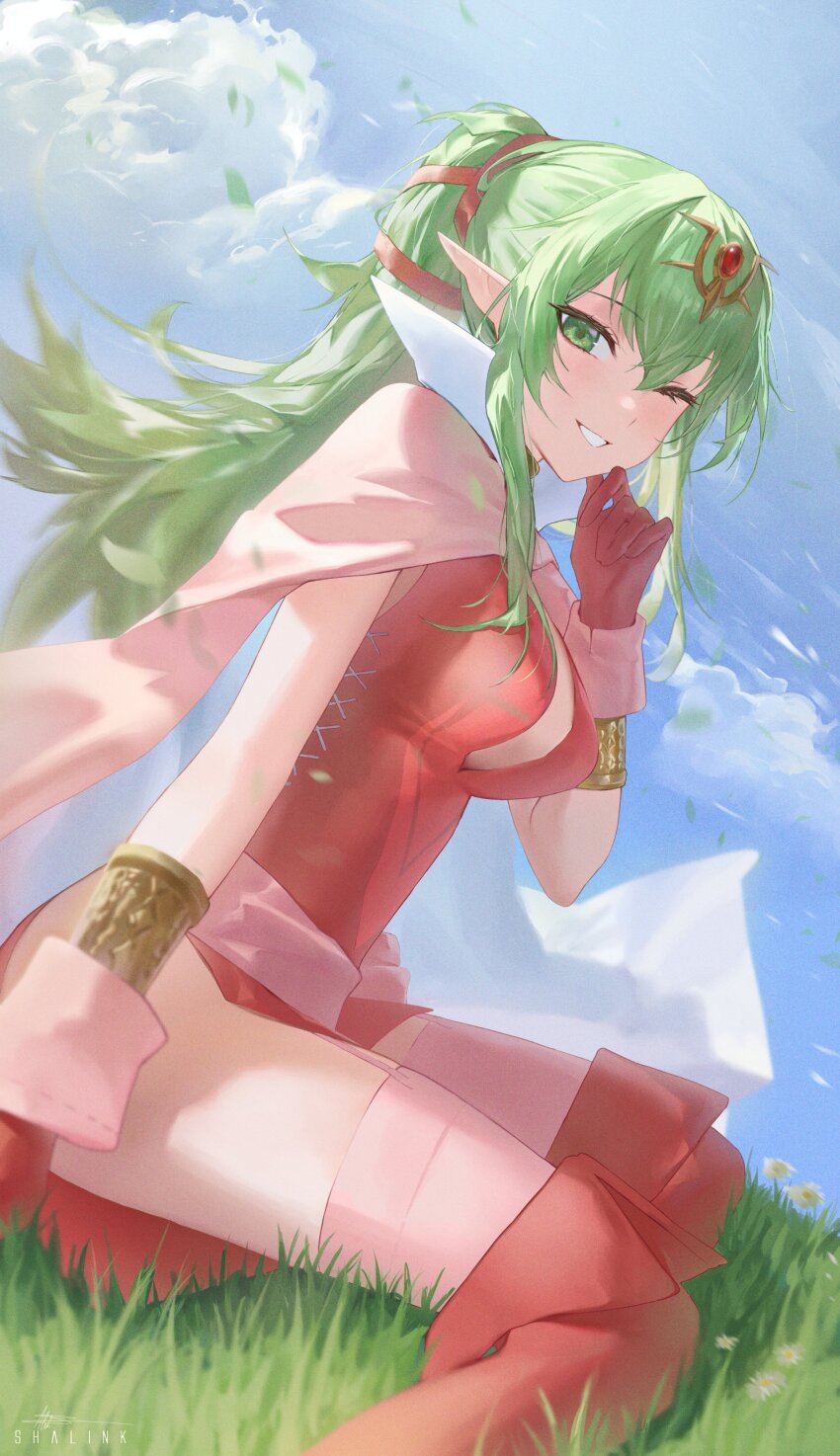 1girl absurdres artist_name blue_sky bracelet breasts cape cleavage cloud commentary day dress english_commentary fire_emblem fire_emblem_awakening floating_hair gloves grass green_eyes green_hair grin hair_between_eyes hair_ornament high_collar highres jewelry large_breasts long_hair looking_at_viewer mountainous_horizon nintendo one_eye_closed outdoors pink_cape pointy_ears ponytail red_dress red_gloves shalink short_dress sidelocks sky sleeveless sleeveless_dress smile solo tiki_(adult)_(fire_emblem) tiki_(fire_emblem)